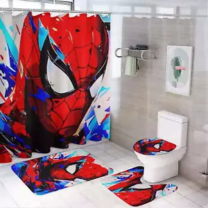Spider-Man 4-Piece Bathroom Set – Shower Curtain, U-Shaped Mat, Bath Mat & Lid - Picture 1 of 6