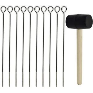 10 Pack Camping Tent Stakes & A Wooden Handle Rubber Mallet Hammer Outdoor Camp - Picture 1 of 3