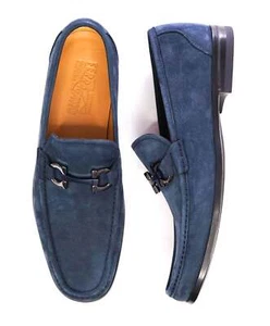$850 Salvatore Ferragamo Blue Suede "GRANDIOSO" Loafers 10 E - Picture 1 of 10
