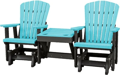 2 ADIRONDACK GLIDER CHAIRS with TABLE - Aruba Blue Fan Back 4 Season Set USA - Image 1 of 4