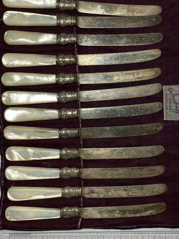 Lot of 12 Meridian Cutlery 1855 Antique Mother of Pearl Handle Sterling Ferrule Cover