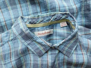Tommy Bahama 100% Linen XL Short Sleeve Button Up Blue Plaid EUC! - Picture 1 of 18