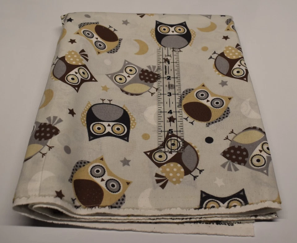 100% cotton JOANNS fabric GRAY BROWN OWLS moon stars 71" x 44" - Image 1 of 2