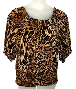 Exc LINDA LEAL Designer Animal Smocked Hemline Top Blouse XL 16 - Picture 1 of 1