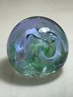 ETCH MARKED CAITHNESS TEAL BLUE & GREEN MOON CRYSTAL ART GLASS PAPERWEIGHT