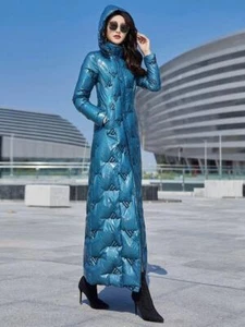 Abrigo cálido ultra largo de plumón de pato azul para mujer invierno con capucha calce ajustado de algodón - Imagen 1 de 21