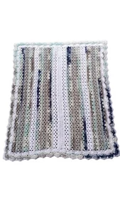 Hand Crocheted Knit Baby Blanket Afghan Multicolor Scalloped Trim 33" X 28 1/2" - Picture 1 of 4