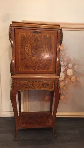 Antique Italian Louis XV Inlaid Walnut Amoire Bar china Cabinet drawer Cover