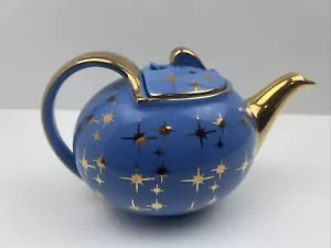 Vintage MCM Hall Periwinkle Blue Gold Atomic Starburst Star Cadet Teapot 6 Cup - Picture 1 of 11