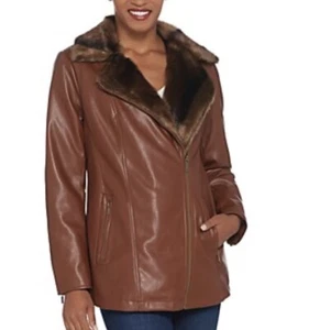 Dennis Basso Madison Ave Collection Faux Leather Fur Brown Moto Jacket, Size 18W - Picture 1 of 17