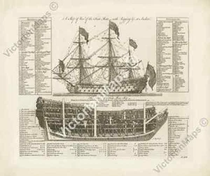 Stampa carta antica nave da guerra prima classe sezione armamento vela 1728 art poster - Foto 1 di 15