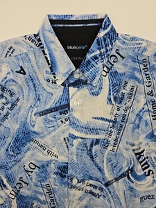 Bluegear Para Hombres Manga Corta Abotonada Pequeño Calce Ajustado Noticias Estampado Azul Azul Azul Nuevo con Etiquetas - Imagen 1 de 13