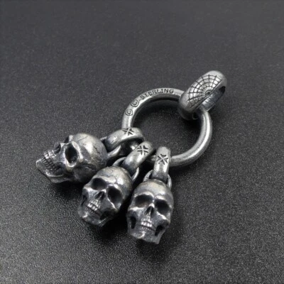 Black Oxidzed 925 Sterling Silver Three Skulls on Ring Pendant Men Gothic Biker - Image 1 of 4