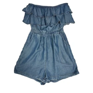 Pagliaccetto Chambray Pioggia Blu Taglia Small Tessuto Tencel Senza Maniche Ruffles - Foto 1 di 7