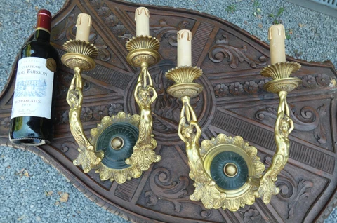 PAIR antique french bronze nymph caryatid figurine wall lights sconces empire Cover