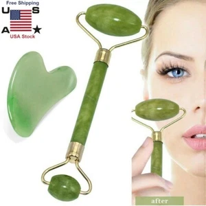 Natural Jade Gua Sha Beauty Facial Roller Gua Sha Board Set Face Massager Tool - Picture 1 of 15