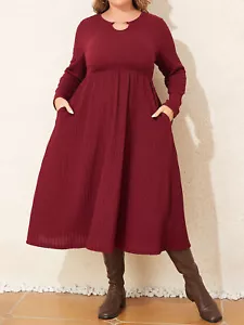 Womens Long Sleeve A-line Midi Dress Ladies Casual Loose Solid Swing Dresses - Picture 1 of 16