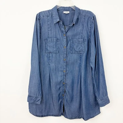 Camisa J. Jill Denim Abotonada Talla L Manga Larga Tencel Bolsillo Azul Túnica Informal Foto 1 de 4