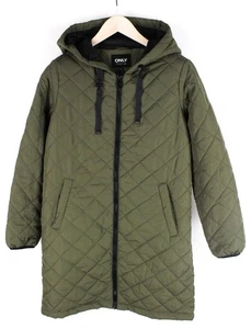 ONLY Womens Jacket M Petite Hooded Khaki Quilted Padded Warm Long * - Picture 1 of 11