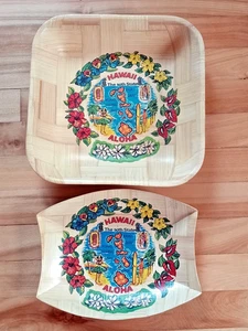 2 Vintage MCM Hawaii Souvenir Bambus Schüssel Tablett Set Tiki Bar Mid Century EUC - Bild 1 von 2