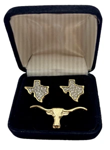 Texas Shaped Ear Rings And Longhorn Lapel Pin - gold plate - HOOK 'EM HORNS! - Picture 1 of 1