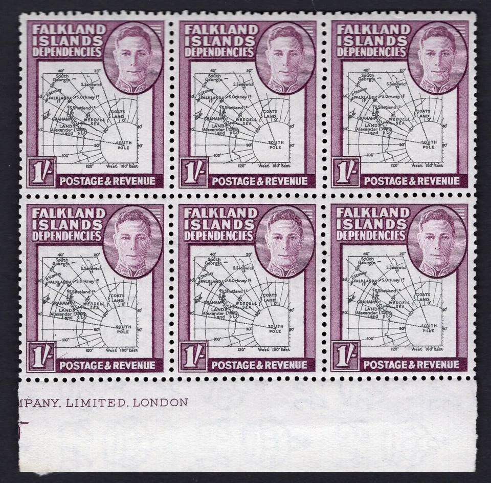 FALKLAND IS DEPS 1946-49 MAPA GRUESO 1/- BLOQUE MARGINAL 6 "SOUTH POKE" ERROR PERFUME Foto 1 de 1