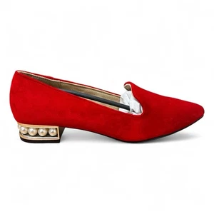 Damen-Halbschuhe rot Samt Perlen verziert Absatz Größe 7M adrette Party Freizeit - Bild 1 von 8