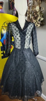Vintage 1970s Black Floral Party Dress With Illusion Bodice And Baloon Sleeves  - Image 1 of 4
