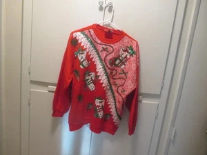 Vintage 90er Nussknacker Weihnachtsstrümpfe rot Strick Sweatshirt Gr. M - Bild 1 von 3