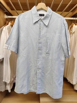 AJ ARMANI JEANS SHIRT size XL BLUE WHITE STRIPED SHORT SLEEVE COTTON HEMP MENS - Image 1 of 4