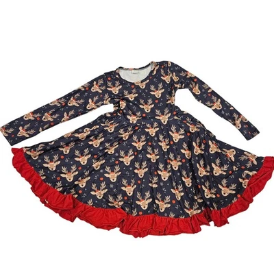 Long Sleeve Reindeer Christmas Kids Twirl Dress Size 8/9 Ruffle Hem Girls - Image 1 of 4