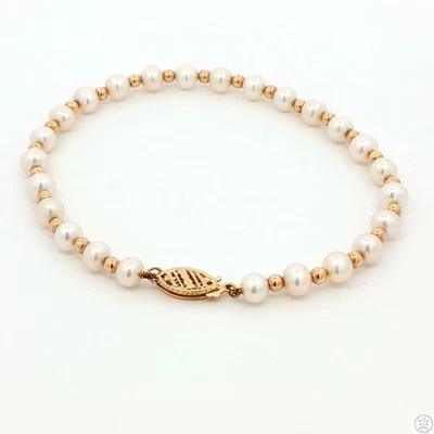 Brazalete de perlas vintage de oro amarillo de 14k de 8 pulgadas y 5 mm Foto 1 de 4