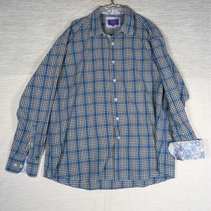 Tallia Button Up Shirt Mens XXL 18.5 Blue Check Flip Cuff Long Sleeve Shirt - Picture 1 of 6