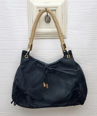 GIANNI BINI BOLSA DE OMBRO DE COURO PRETA/AZUL BOLSA SATCHEL BOLSA DESLEIXADA  - Imagem 1 de 4