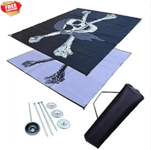 Outdoor Patio Deck RV Mat Reversible Rug 9 x 12 ft Durable Foldable Black Pirate - Picture 1 of 6