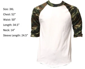 New 3/4 Sleeve Raglan Baseball Mens Army Sports T-Shirt White Green Camo 3XL - Picture 1 of 2
