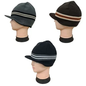 Kids Reversible Peaked Stripped Hood Hat Waffle Visor Brimmed Winter Warm Cap - Picture 1 of 4