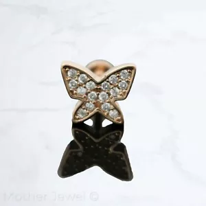 ROSE GOLD IP BUTTERFLY SIMULATED DIAMOND TRAGUS MONROE LABRET CARTILAGE STUD 16G - Picture 1 of 3