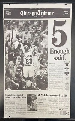 Periódico Chicago Tribune 1997 placa impresa quinto título de la NBA ¡MICHAEL JORDAN!!! Foto 1 de 2