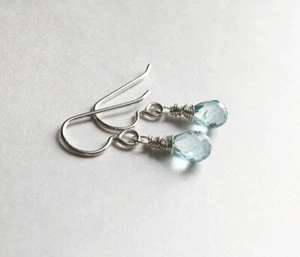 Solid 925 Sterling Silver Aquamarine stone dainty delicate baby Drop Earrings - Picture 1 of 4