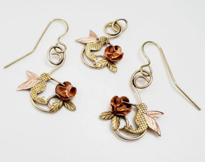 Estate 10K & 14K Multi-Tone Gold Black Hills Hummingbird Pendant & Earrings SET - Image 1 of 4