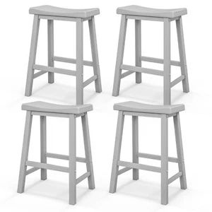 Set of 4 Saddle Bar Stools Counter Height Dining Chairs w/ Wooden Legs Grey - Picture 1 of 9