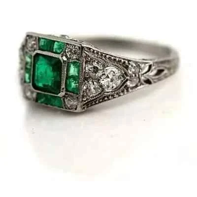 Art Deco Style Green Emerald & Round Lab-Created Diamond Wedding 925 Silver Ring — 第 1/4 张图片