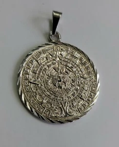 925 Sterling Silver Azteca Aztec Mayan Calendar Big Pendant Charm 14.3 Grams - Picture 1 of 12