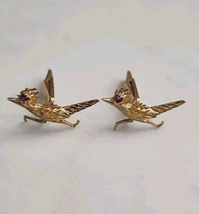 14k Gold Roadrunner Cufflinks Ruby Eyes 6g 1/2t x 1L" - Picture 1 of 9