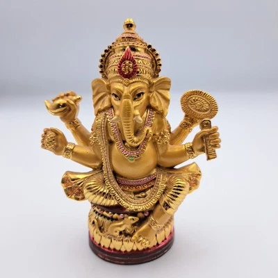 Old Tibet Resin Gilt 4 Arms Ganapati Mammon Elephant God Buddha Reading Statue - Image 1 of 4