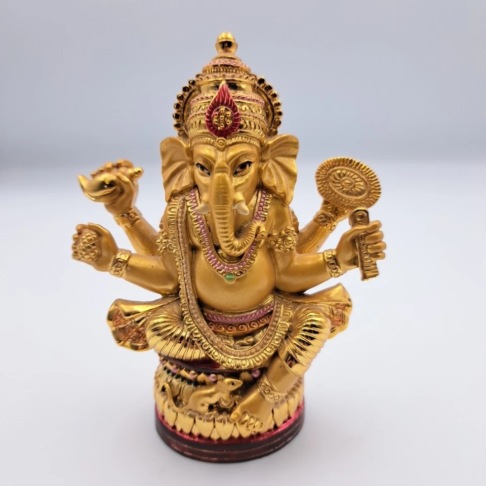 Old Tibet Resin Gilt 4 Arms Ganapati Mammon Elephant God Buddha Reading Statue - Image 1 of 4