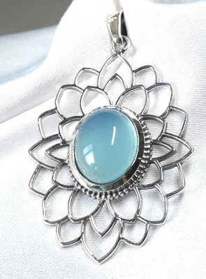 Anhänger 925 Silber Chalzedon Cabochon Hellblau im Blüten Design UNIKAT NEU - Bild 1 von 4