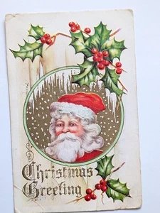 Antique Christmas Holly Postcard Santa Claus Metallic Embossed Vintage Holiday - Picture 1 of 4