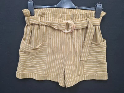 Papaya Shorts Womens UK 10 Yellow Mix Striped  High Waist Belted Shorts  - Image 1 of 4